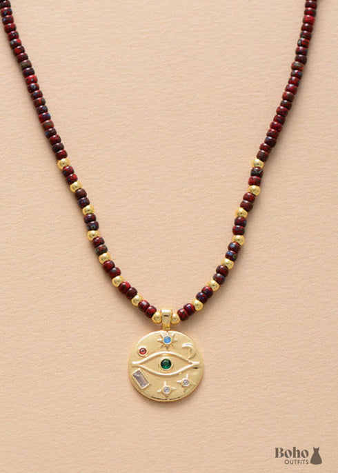 Boho Necklace, Seed Beads Gold Horn Evil Eye Heart Pendant